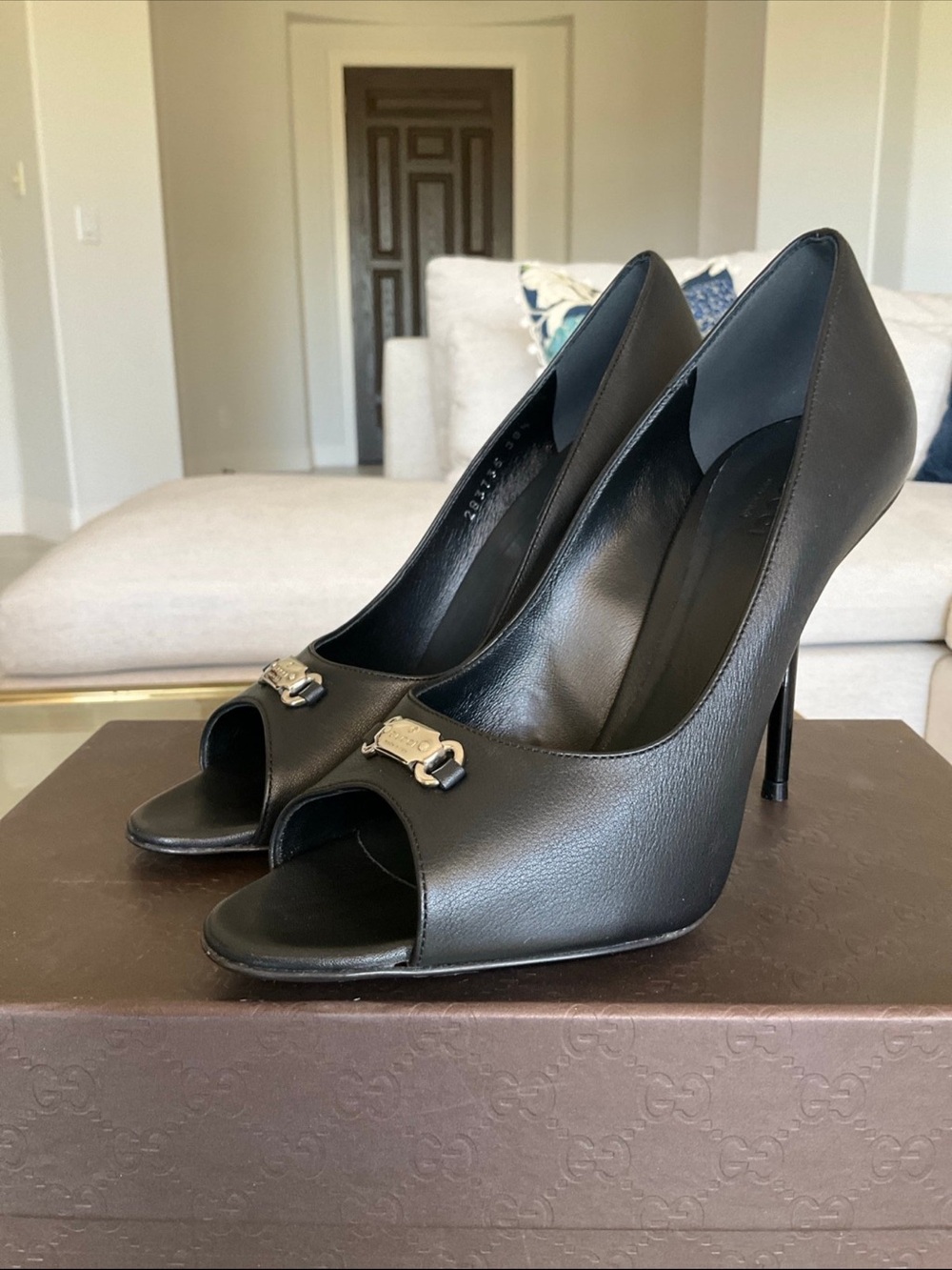 Gucci black Nero silver logo plaque peep toe heels, 38.5, NIB!